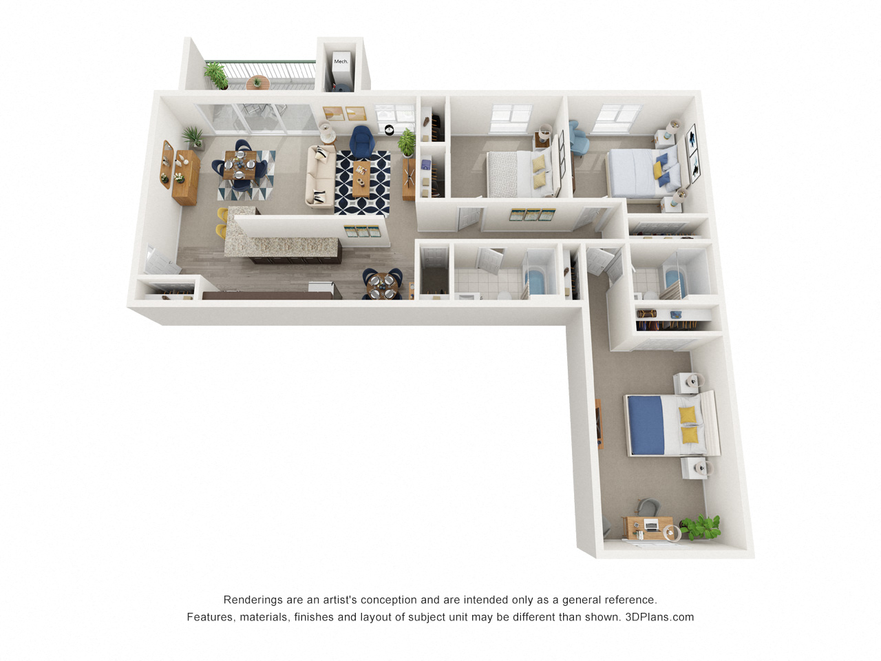 Floor plan for 3 beds, 2 baths, 1265 sqft